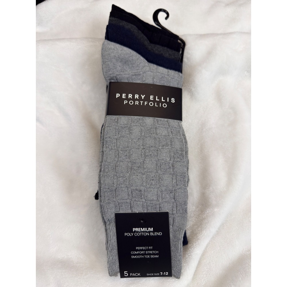 Perry Ellis Portfolio Mens 5 Pack Dress Socks Black Grey Navy Blue New Sz 7-12
